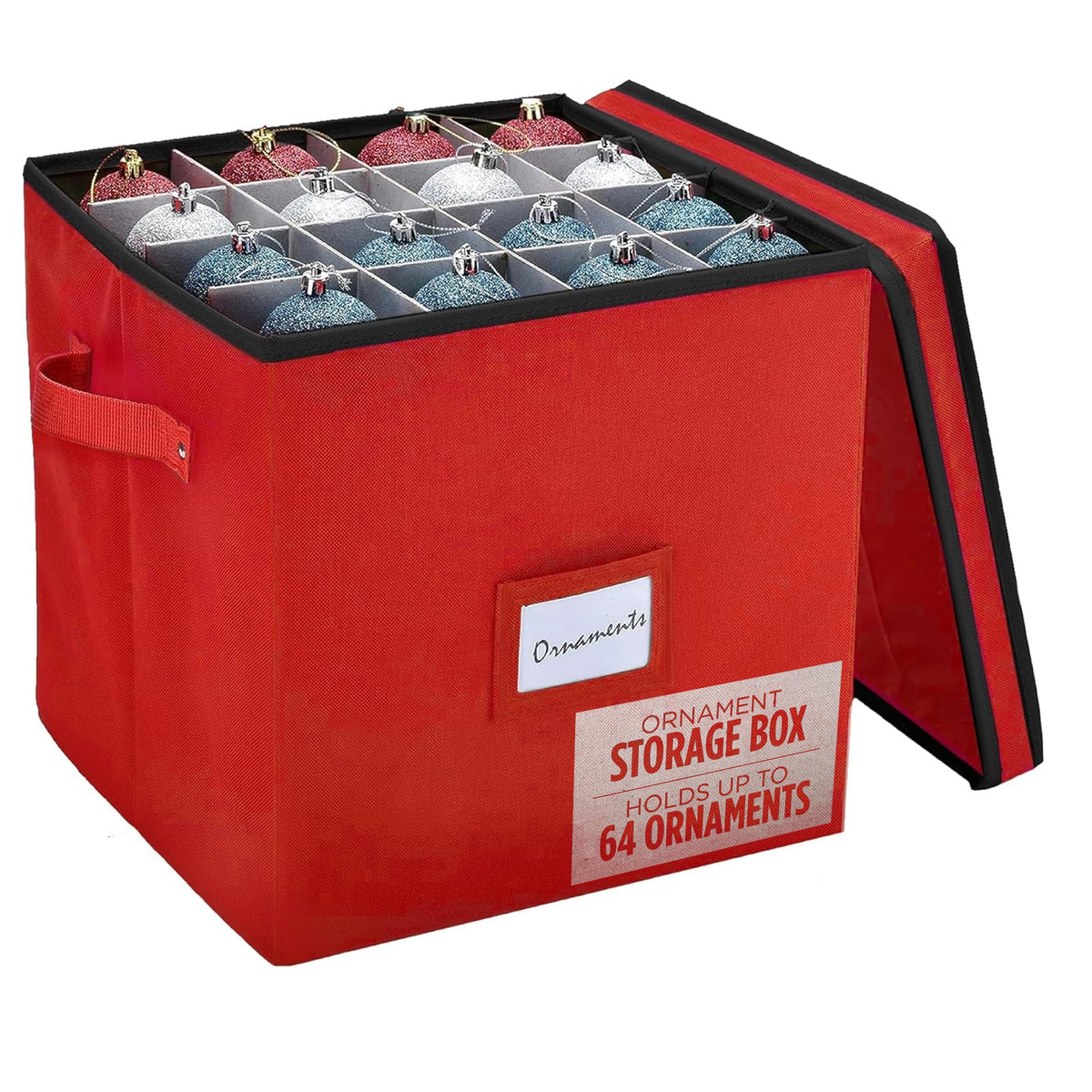 Handy Laundry Ornament Storage Box, Holds 64 Items, Adjustable Dividers, Red