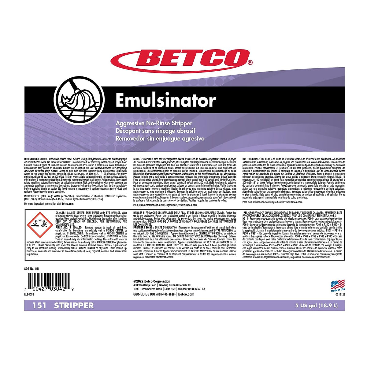 Emulsinator Floor Stripper by Betco – 640 Fl Oz (Pack of 1), Engineered, Clear, Model 151B500