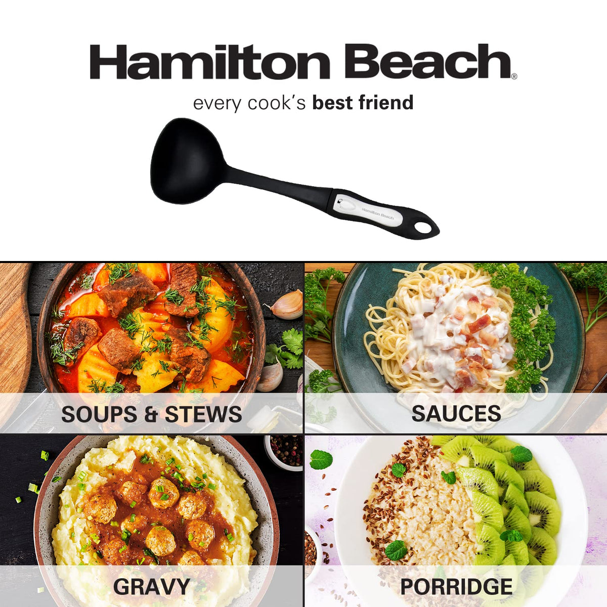 Plastic Ladle Spoon for Cooking | Non-Slip Solid Long Nylon Soft Touch Handle 13 inch | Non-stick Heat Resistant | Hygienic Spatula Spoon Design for Soups by Hamilton Beach –