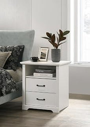 Nightstand Elara 22" White 2-Drawer Bedside Table with USB-A and USB-C Charging Ports, Open Shelf, Black Metal Handles, Compact Bedroom Storage for Small Spaces