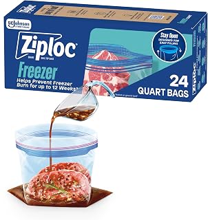 Ziploc Quart Food Storage Freezer Bags, Stand-Up Bottom, Easy to Fill, 24 Count (Pack of 12)