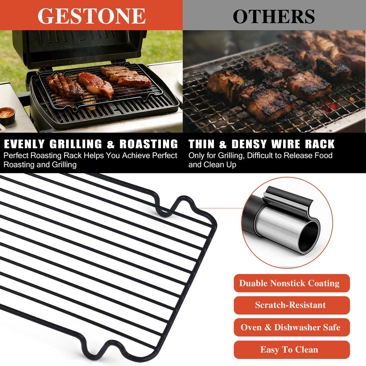 Gestone Roasting Rack, Non-Stick Stainless Steel, Black 12 x 7.5 Inch