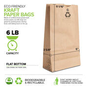 6 Lb Kraft Brown Paper Lunch Bags (500 Count) - Bulk Disposable Lunch Sacks by Stock Your Home – 6"W x 3 5/8"G 11 1/16"H, 6.0 pounds, Paper, Brown, Pack of 500