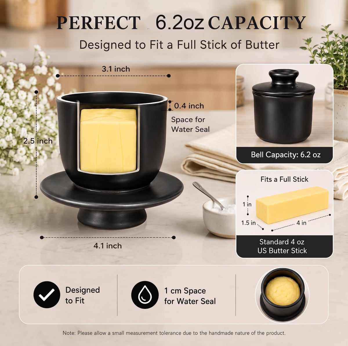 Teapeak Ceramic Butter Keeper, Water Seal Design, Black