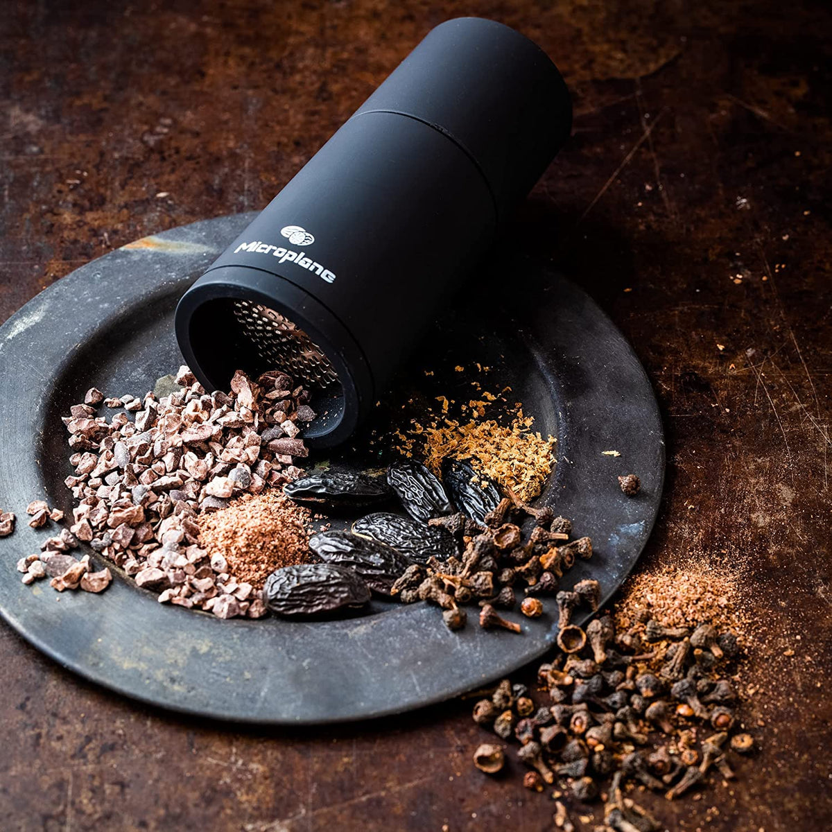 Manual Spice Mill - Cinnamon Grinder and Nutmeg Grater (Black) by Microplane – 2x2x8.1 Inch (Pack of 1), Stainless Steel, Black, Model 48060