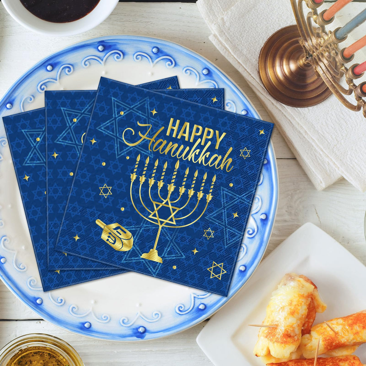 Honoson Hanukkah Napkins, 100 Count Paper Cocktail, Blue Gold
