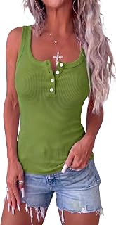 Women Tank Top Ribbed Scoop Neck Sleeveless Tops Slim Henley Shirts