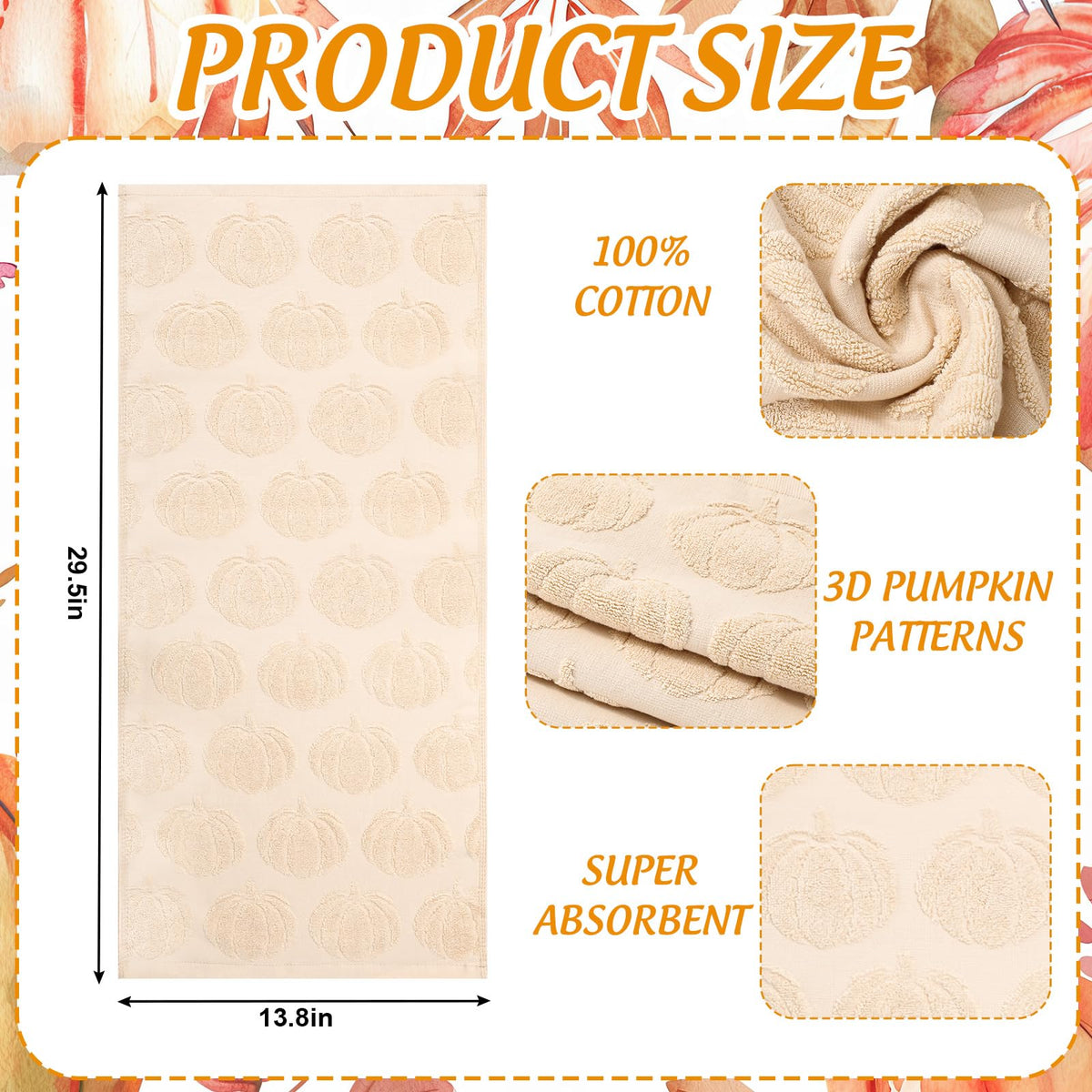 Whaline Fall Hand Towels, 3 Piece Set, Pumpkin Jacquard, Beige Orange Brown