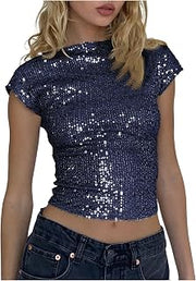 Women's Sequin Boat Neck Shirts Sparkle Glitter Cap Sleeve Backless Tee Party Rave Crop Tops