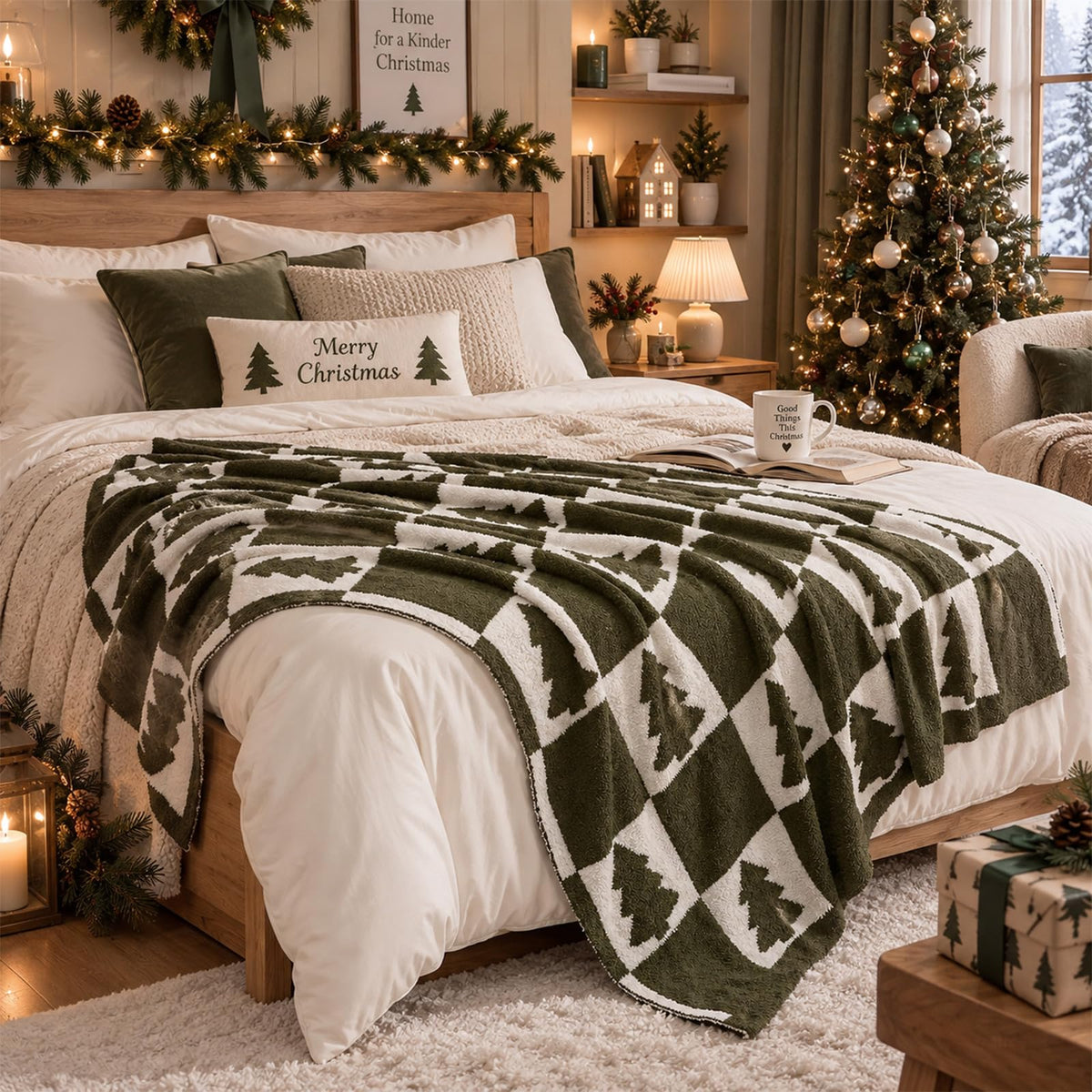 Buryeah Knit Throw Blanket, Olive Green Christmas Tree, 50x60 Inches