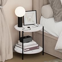 Furinno BESI Night Stand, 2-Tier Wide Round Nightstand, Metal Frame End Table, Bedside Table, Side Table with Open Shelf, for Living Room, Bedroom, Marble White