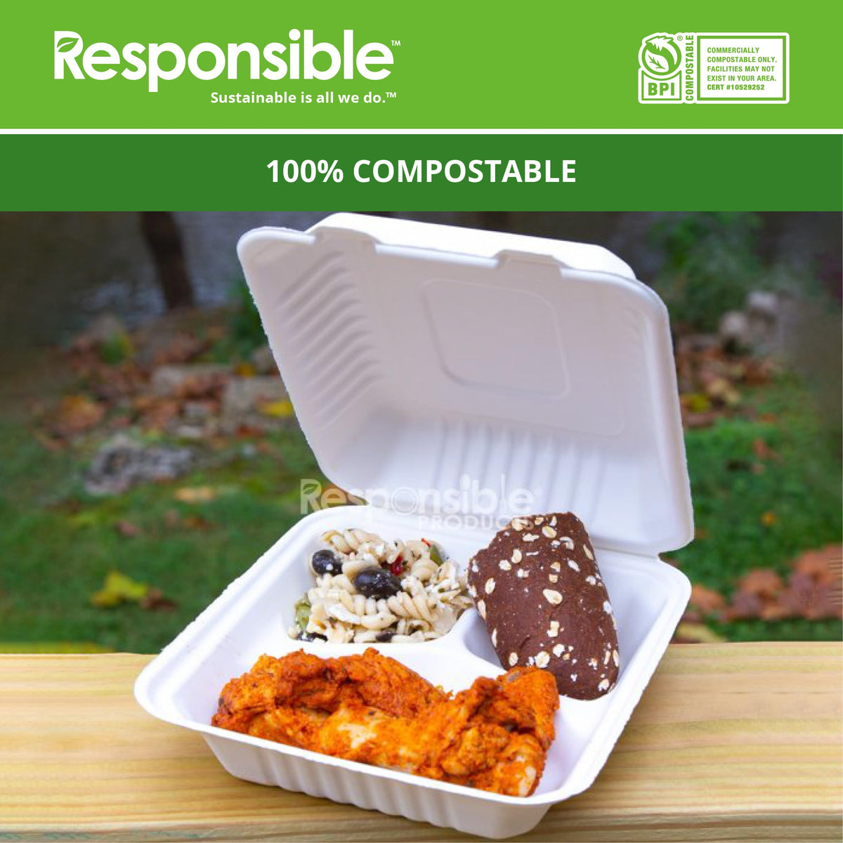 8 inch 3-Compartment Hinged Containers by Responsible Products – 5.3 liters, Other, Classic White, Model RP-8X8-3CHC-NPAW-200