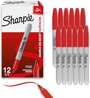 Sharpie Permanent Markers, Fine Tip, Red, 12 Count - Office Supplies, Quick Drying, Fade Resistant, For Plastic, Metal, Wood, And More