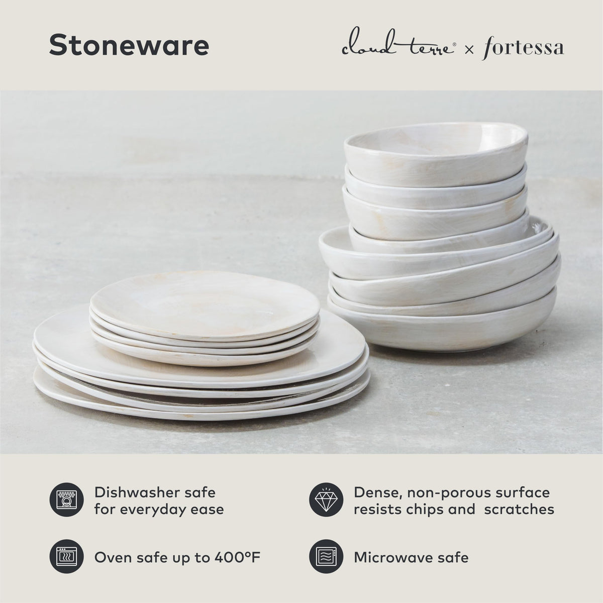 Cloud Terre by Collection No 2 Stoneware 16 Piece Dinnerware Set by Fortessa – Service for 4, Stoneware, White, Pack of 16, Model 16PPS.CT.2.WH