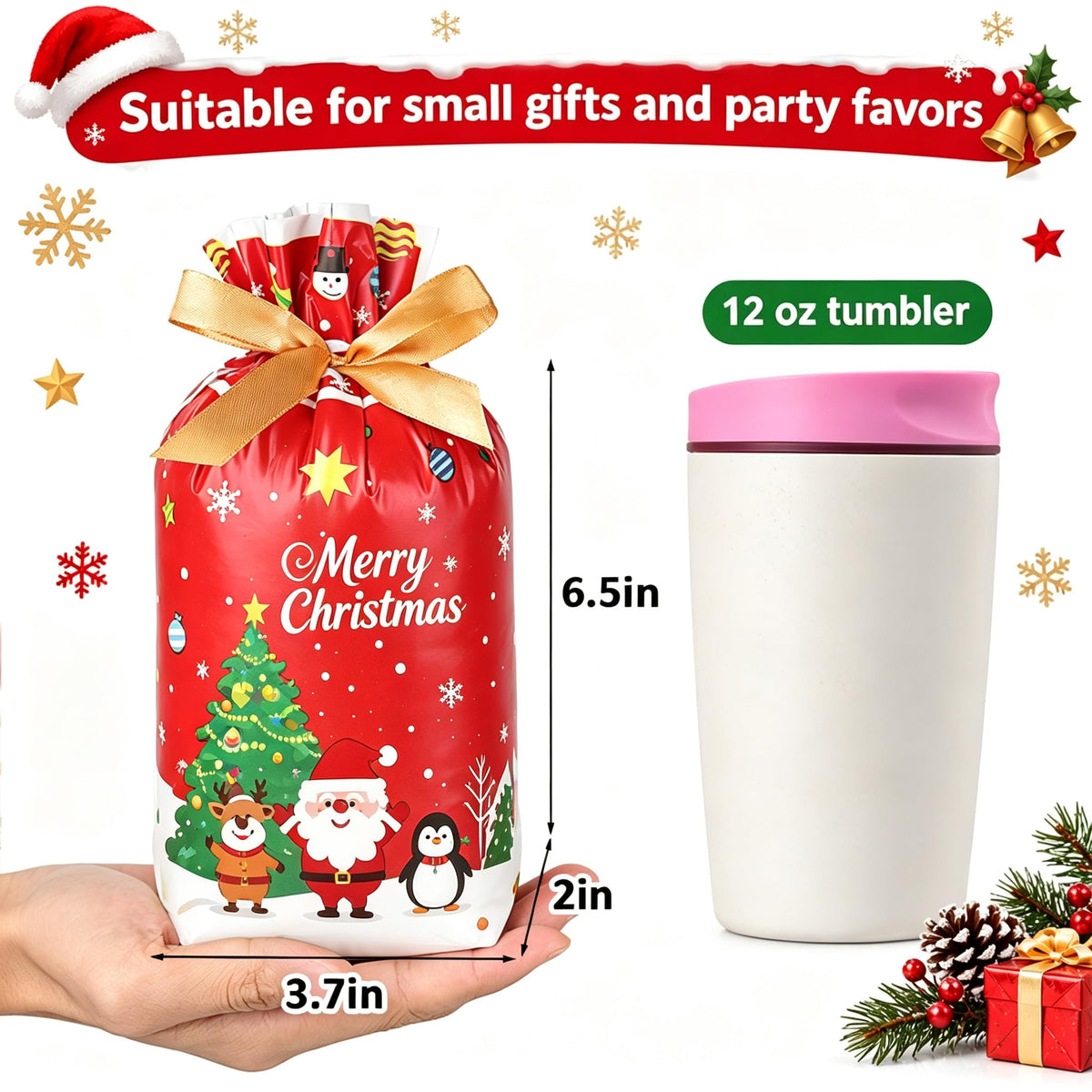 JOINDO Christmas Treat Bags, 6 by 9 Inches with 2 Inch Gusset, Set of 50