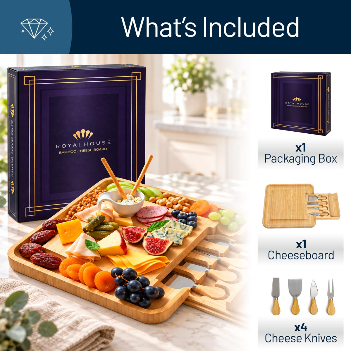 RoyalHouse Bamboo Cheese Board with Slide Out Knife Drawer, Medium to Large, Natural