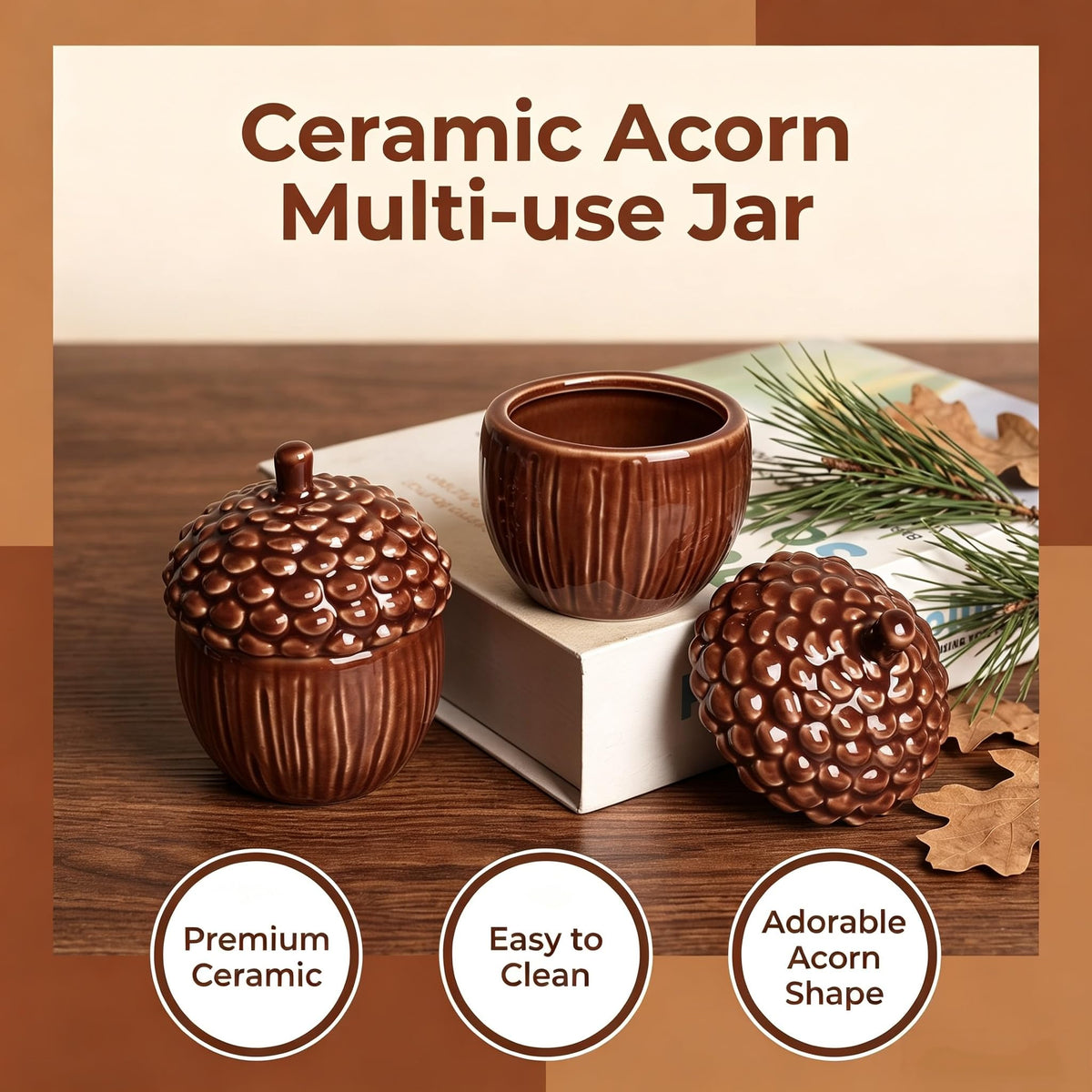 Masney Ceramic Acorn Jar with Lid, 2.55 Inch Diameter, Brown