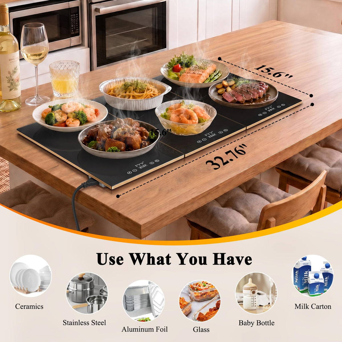 FYY Electric Warming Tray, 13 Temperature Settings, 3-Panel Black