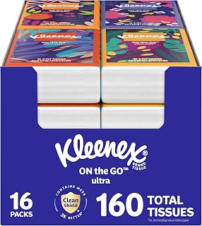 Kleenex On-The-Go Facial Tissues, 16 On-The-Go Packs, 10 per Box, 3-Ply (160 Total), Packaging May Vary