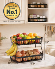 Sevenblue 2-Tier Fruit Basket, Iron with Banana Hooks, Black