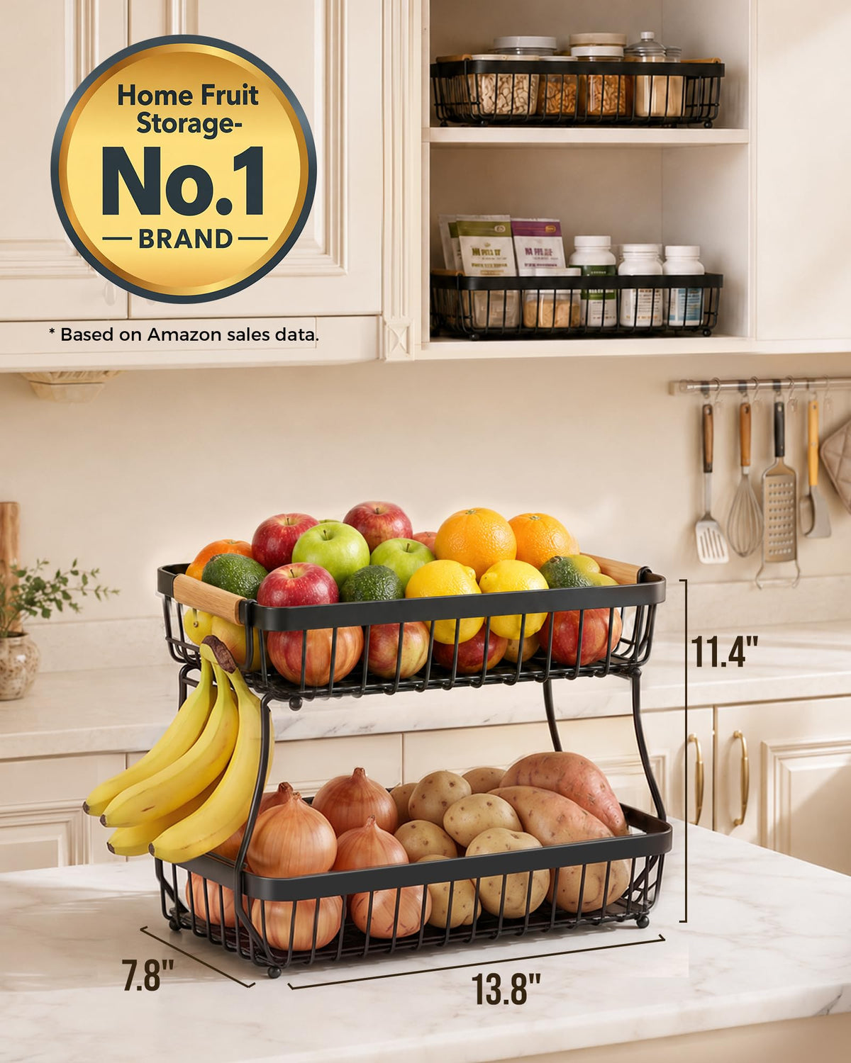 Sevenblue 2-Tier Fruit Basket, Iron with Banana Hooks, Black