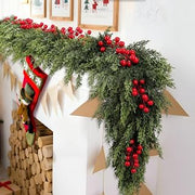 Christmas Cedar Garland, Real Touch Pine Cypress Garland with Red Berries, Artificial Greenery Garlands for Mantle Fireplace Table Christmas Decoration