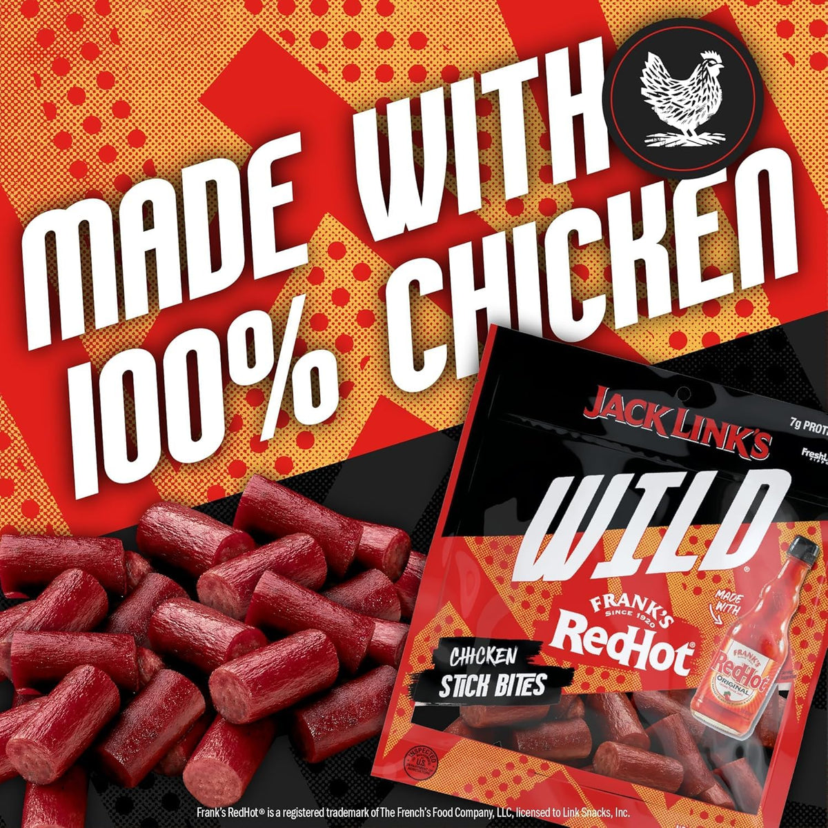 WILD Frank's RedHot Mini Chicken Stick Bites - (8 Count) 4 oz by Jack Link's – 4 Ounce (Pack of 8), Pack of 8, Model 10000044471