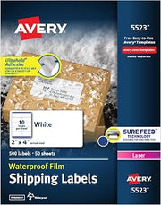 Avery Waterproof Labels with UltraHold Permanent Adhesive, 2" x 4", 500 Labels for Laser Printers (5523), (Pack of 5)