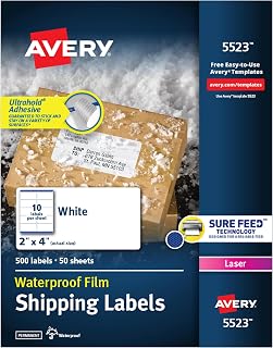 Avery Waterproof Labels with UltraHold Permanent Adhesive, 2" x 4", 500 Labels for Laser Printers (5523), (Pack of 5)