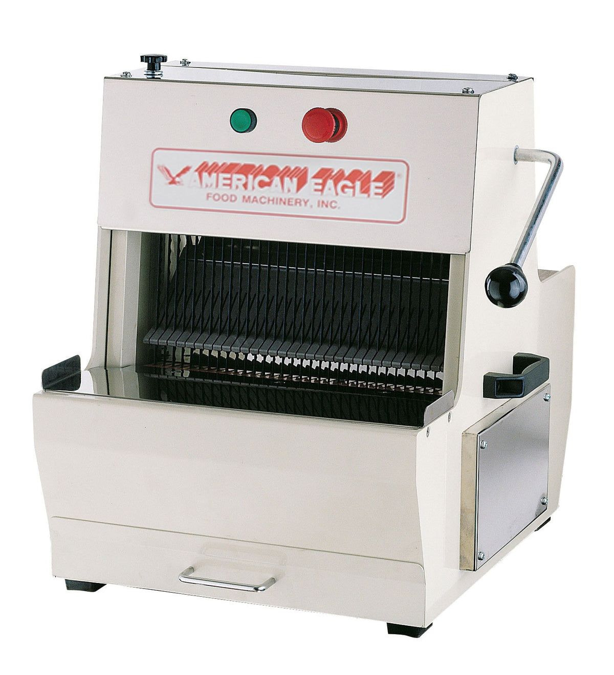 Bread Slicer with pusher device and start/stop control 1/3 hp by American Eagle Food Machinery – Tabletop, Stainless Steel, Tan, Model AE-BS02-5/8