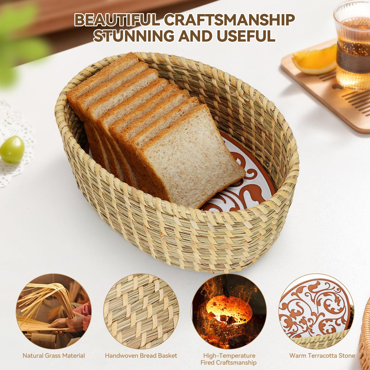 Willow Weave Woven Serving Basket with Warming Stone, Natural, 12 x 8.25 x 4.7 Inches