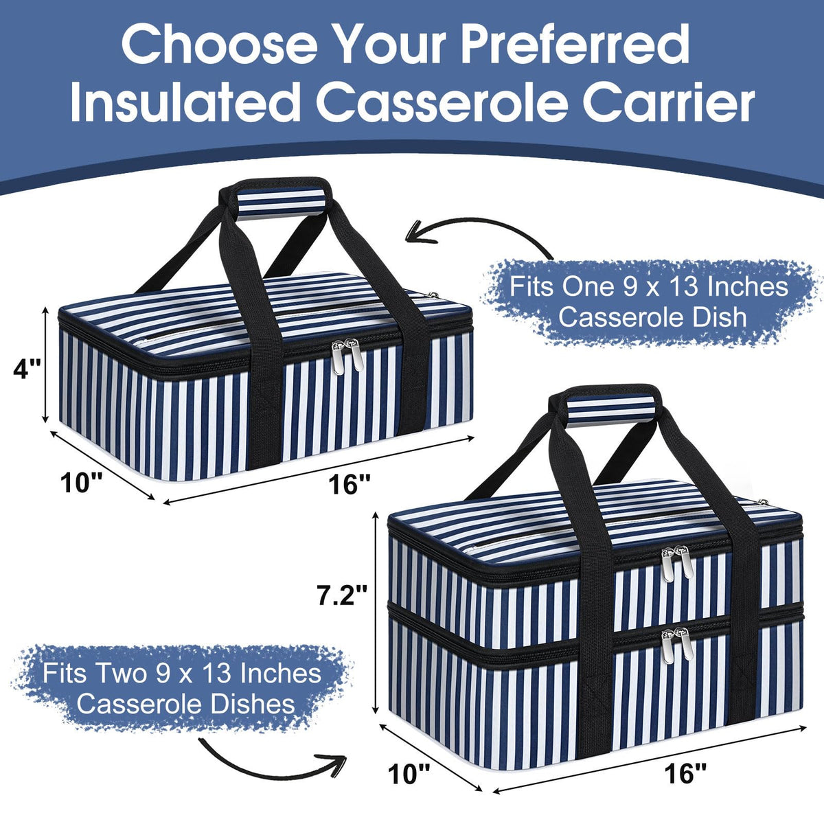MIAOJIE Insulated Casserole Carrier, 16 x 10 x 4 Inches, Blue Stripes