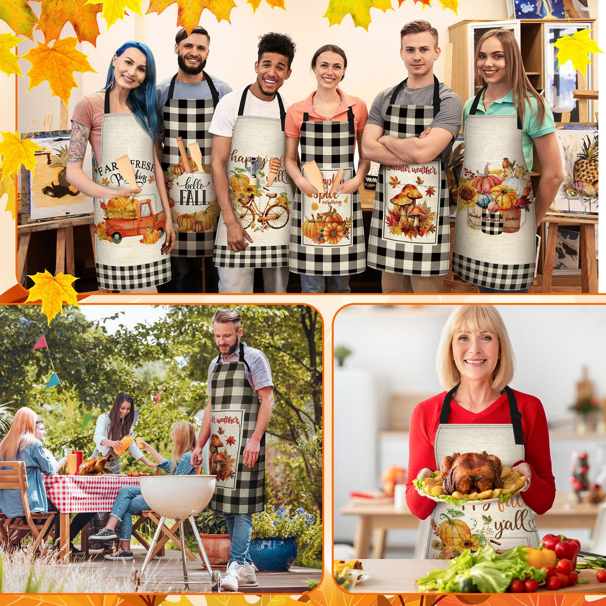 Cotwinter Thanksgiving Aprons with Pockets, Set of 6, Orange