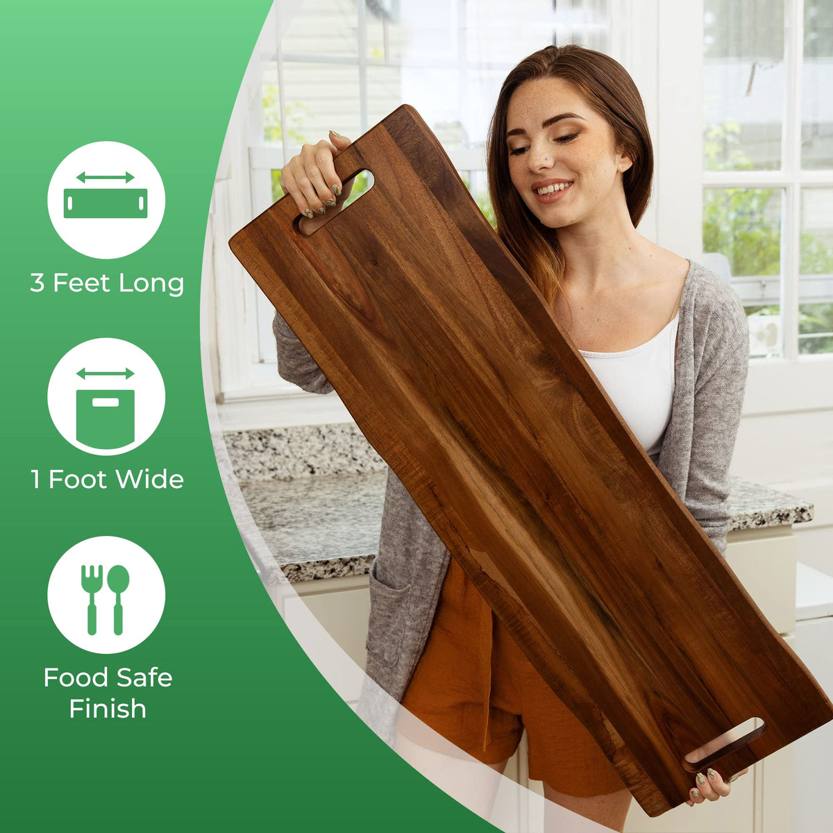 Home Beets Acacia Serving Board, 36 x 12 Inch Rectangular with Handles, Dark