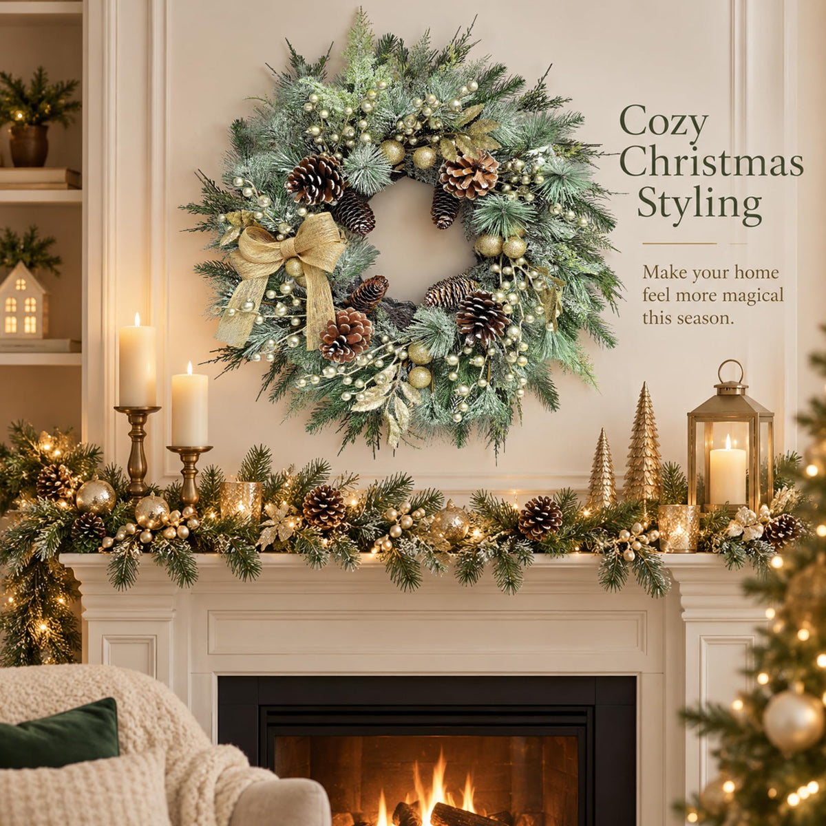 Worthyeah Pine Christmas Wreath, 22 Inch, Vintage Gold