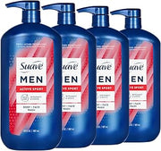 Suave Men Active Sport 2-in-1 Body & Face Wash with Glycerin & Vitamin E, Paraben & Phthalate Free, Cleanse, Moisturize, Refresh, Long-Lasting Fragrance, 30 FL OZ, 4 Count