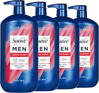Suave Men Active Sport 2-in-1 Body & Face Wash with Glycerin & Vitamin E, Paraben & Phthalate Free, Cleanse, Moisturize, Refresh, Long-Lasting Fragrance, 30 FL OZ, 4 Count