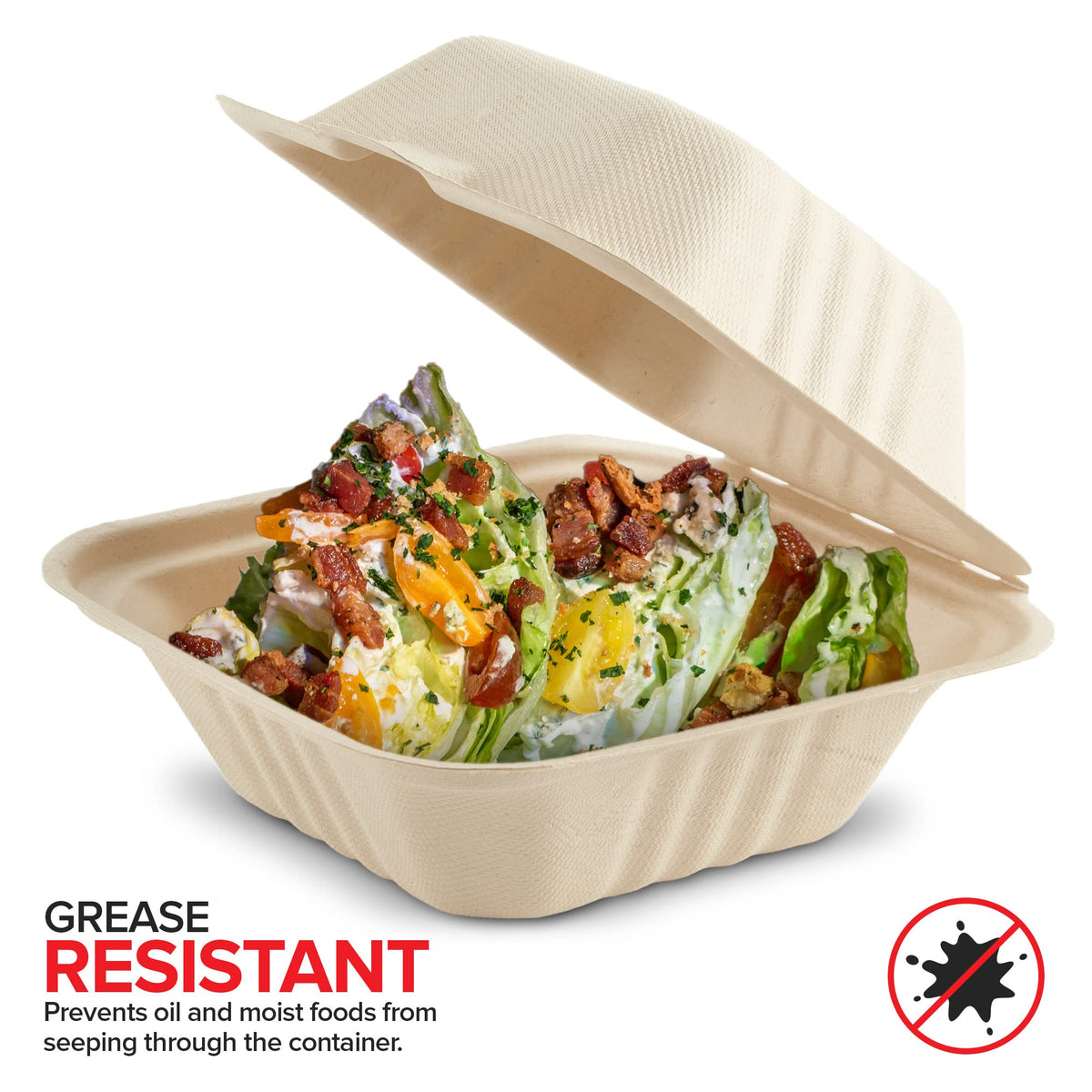 Clamshell Take Out Food Containers 6" x 6” (50 Pack) 1-Compartment by Stock Your Home – 6 x 6 Clamshell, 1 Part (50 Count), Bagasse, Natural, Pack of 50, Model 1250