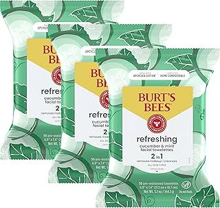 Burt's Bees Cucumber and Mint Face Wipes, Refreshing Makeup Remover and Facial Cleansing Towelettes, 99 Percent Natural Origin, Remove Makeup, Cleanse, All Skin Types, 30 ct., Three Pack