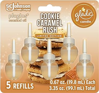 Glade PlugIns Refills Air Freshener, Scented and Essential Oils for Home and Bathroom, Cookie Caramel Rush, 3.35 Fl Oz, 5 Count