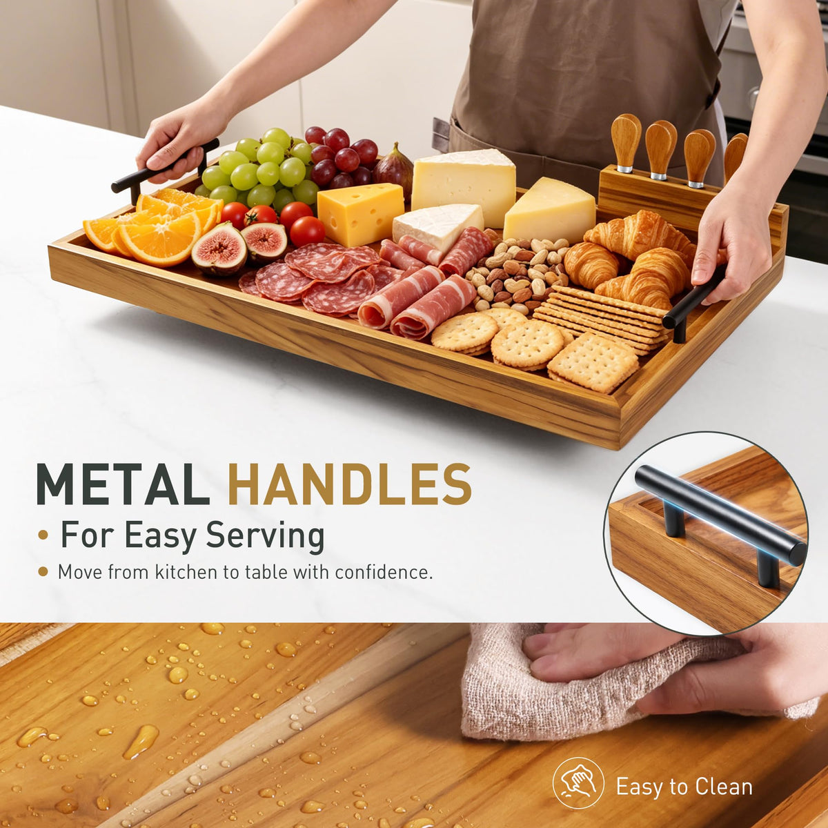 Socisen Teak Charcuterie Board, 24 x 12 Inch with 4 Cheese Knives, Natural