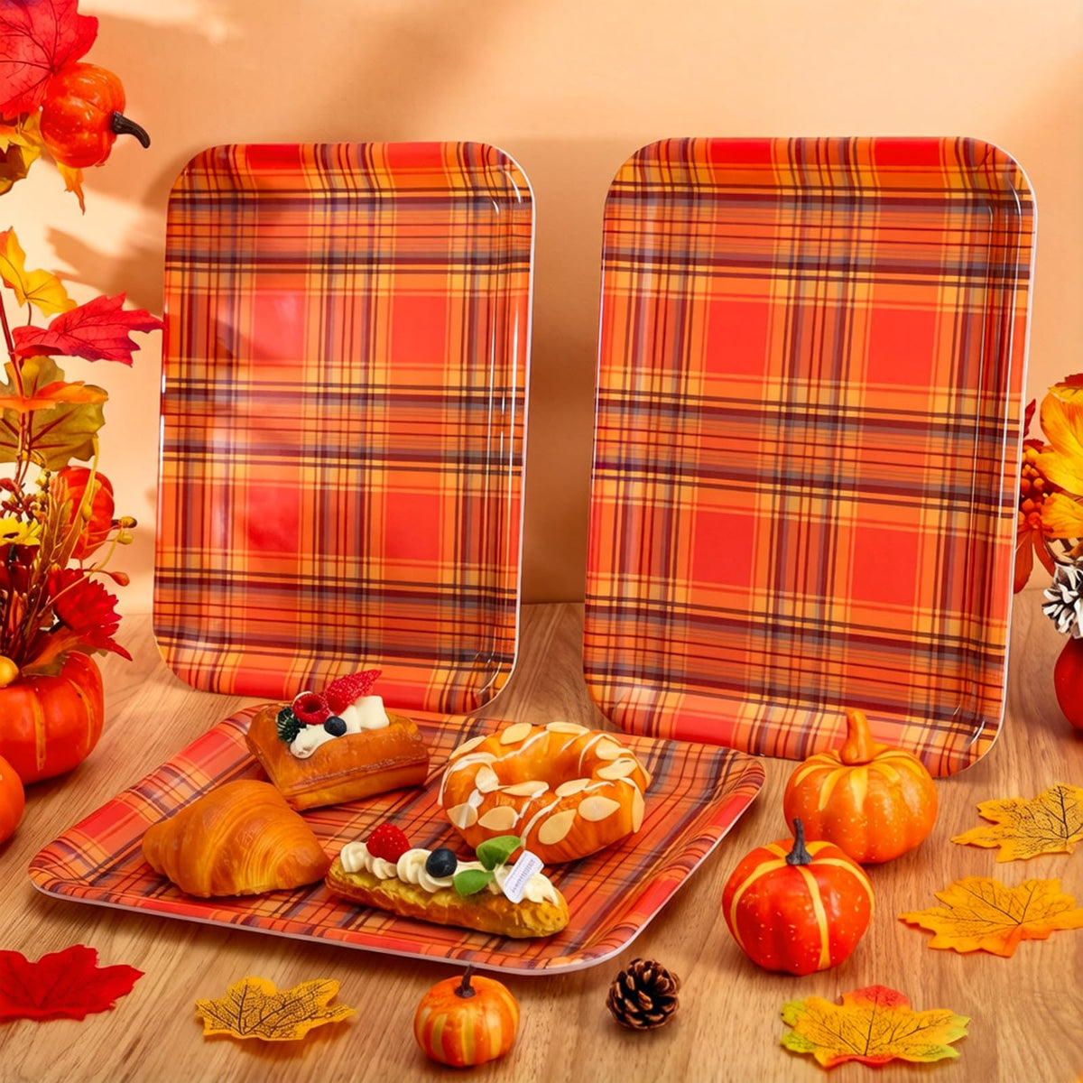 JarThenaAMCS Fall Plaid Serving Trays, 13 x 10 Inch, Set of 3 Orange