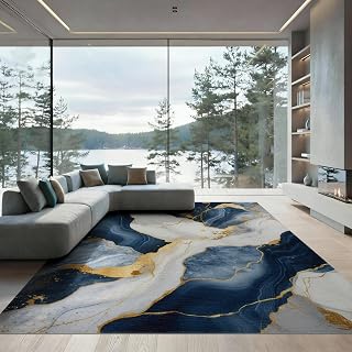 9'x12' Navy Gold Abstract Marble Swirl Pattern Washable Area Rug | Fluid Dynamic Design with Intricate Decorative for Dining Room, Basement, Large Office, Non-Slip Chair-Friendly