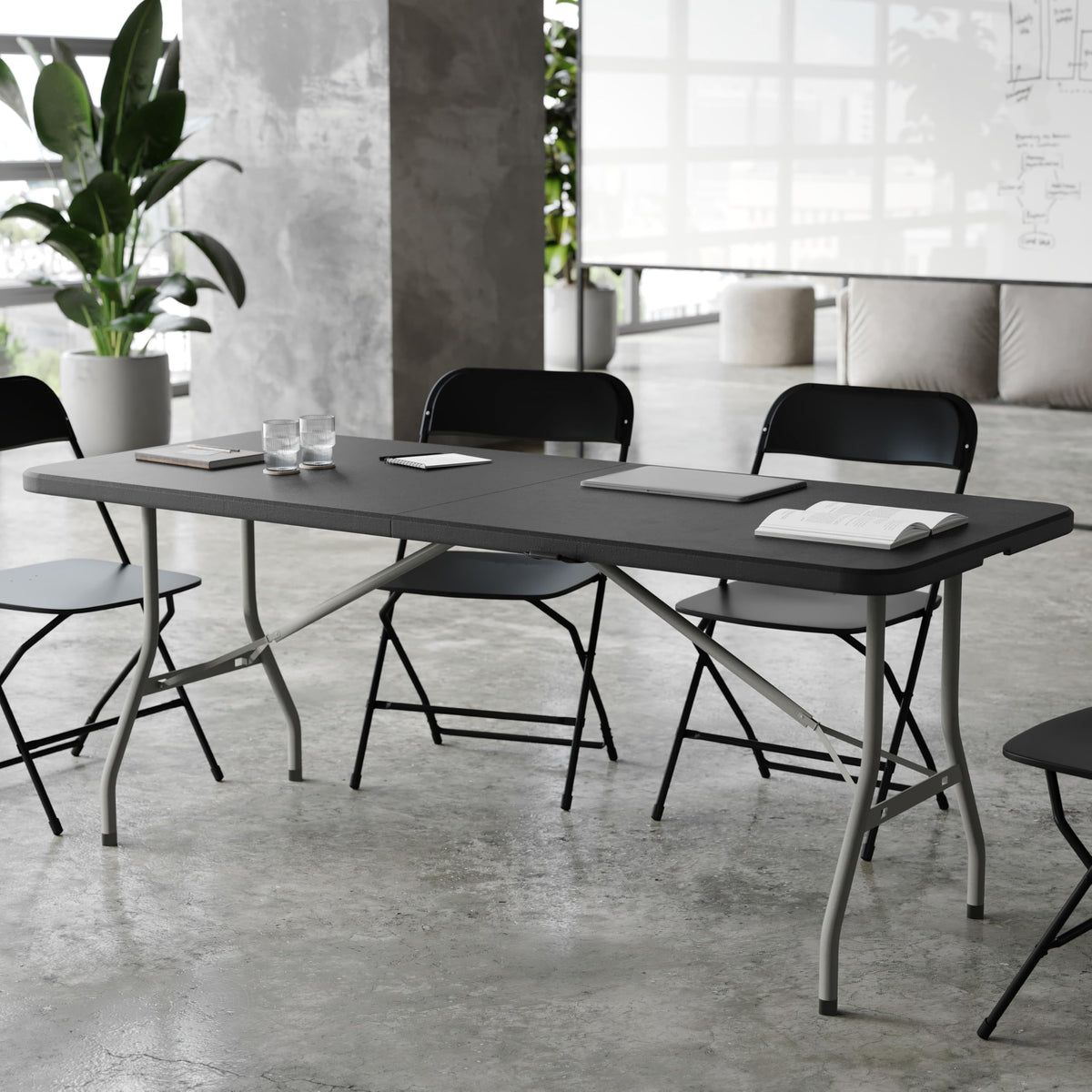 6 ft Plastic Bi-Fold Folding Table by Flash Furniture – 30"W x 72"L, Plastic, Metal, Plastic: Polyethylene, Black, Model RB-3072FH-BK-GG