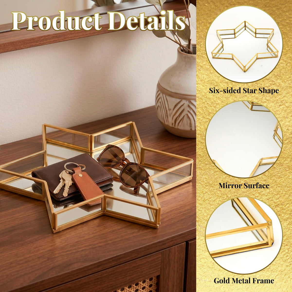 Patelai Star Mirror Tray, Gold Judaica Accent, 12 Inch