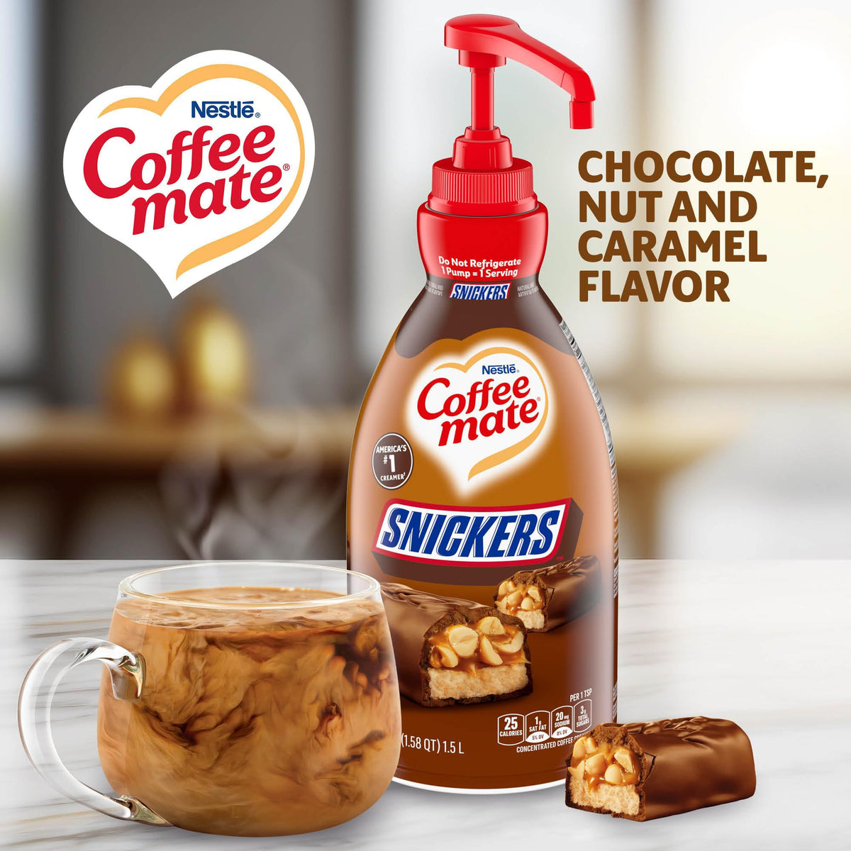 Nestlé 1.5 Liter Snickers Liquid Concentrate Pump Bottles by Coffee Mate – 50.72 Fl Oz (Pack of 1), Blue, Model NES97955