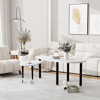47" Waterproof Coffee Table, Round Coffee Table with rotatable Structure, Mesa De Centro para Sala with Oak Veneer top for Versatile Home Interior Spaces, White+Black
