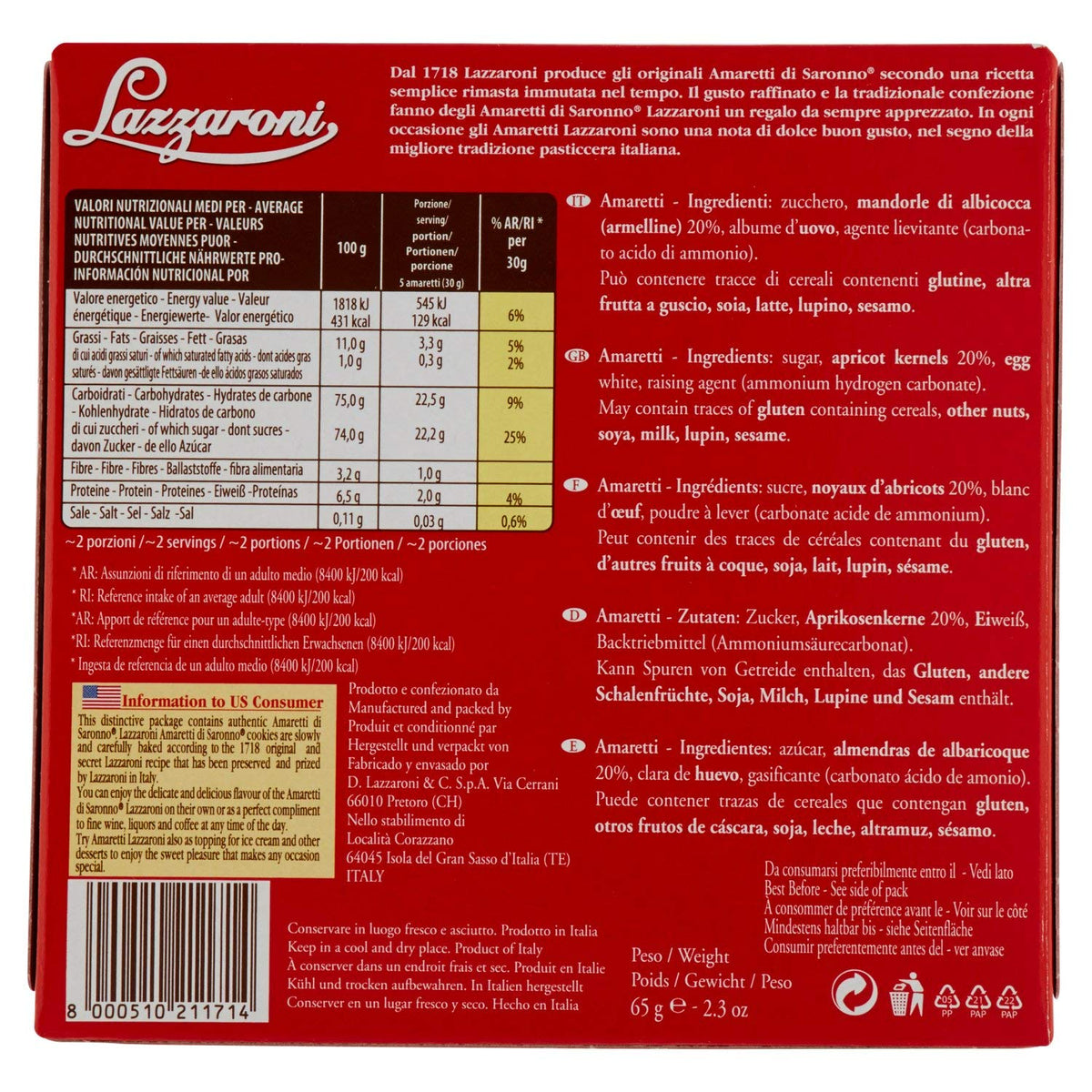 Amaretti Di Saronno by Lazzaroni – 2.3 Ounce (Pack of 1), Model 8000510211714