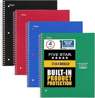 Five Star DuraShield Notebooks with Antimicrobial Front Covers, 4 Pack, 1 Subject, College Ruled Paper, 11" x 8-1/2", 100 Sheets, Black, Red, Blue, Green (820029-ECM)