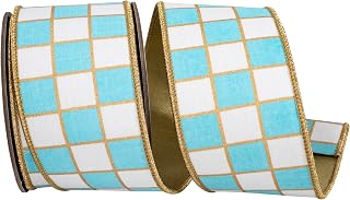 Reliant Ribbon Ribbon - Gilded Check Outlined Deluxe Metallic Backed Wired Edge Ribbon, Turquoise, 2-1/2 Inch, 5 Yards